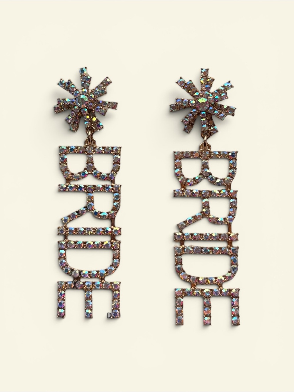 Ruff-Skch Gold AB Rhinestone BRIDE Drop Earrings Bachelorette Wedding Bridal